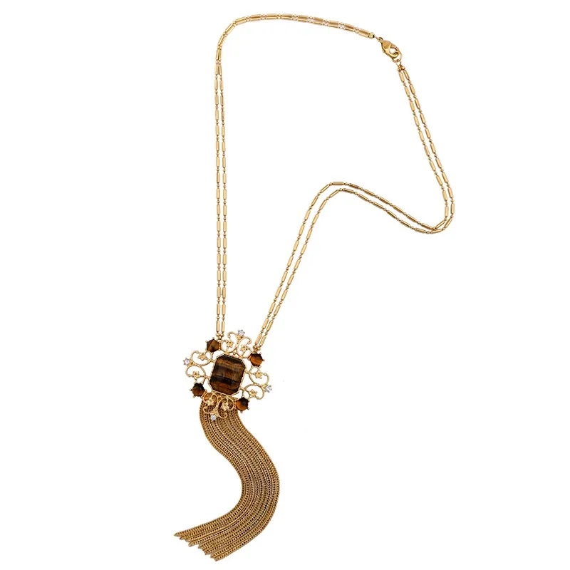 

xl01398a Chinese Classical Style Metal Long Tassels Chain Natural Gemstone Fashion Necklace 2021 Trendy, As picture