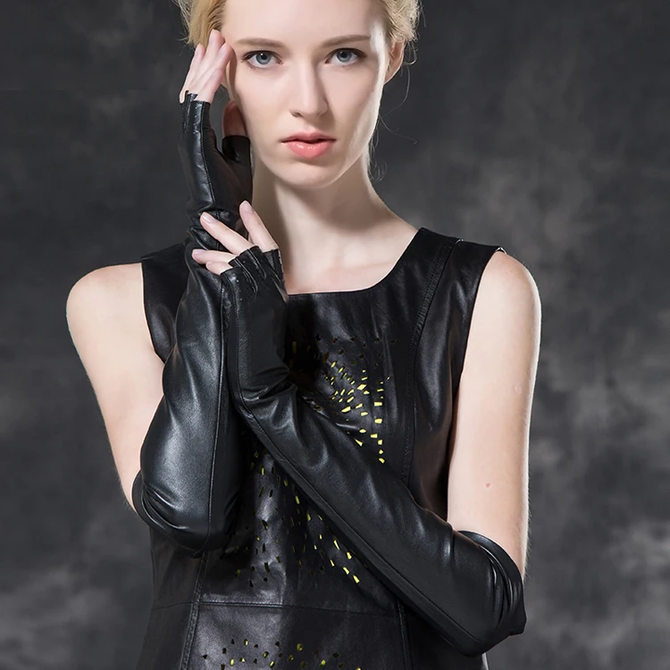 Ladies Fashion Black Long Leather Fingerless Gloves Buy Fingerless 