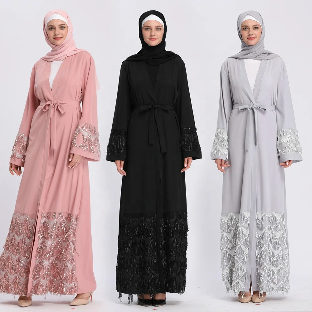 

Muslim fashion front open dress tassels kimono abaya 2019, Gray;pink;black