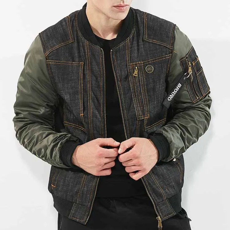 

Wholesale Men 100% Cotton Denim Contrast Bomber Jacket, Green