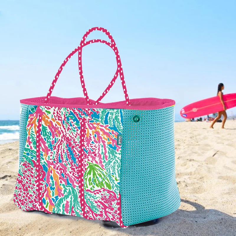 Custom Printing Watercolor Coral Neoprene Tote Beach Bag Large Rope ...