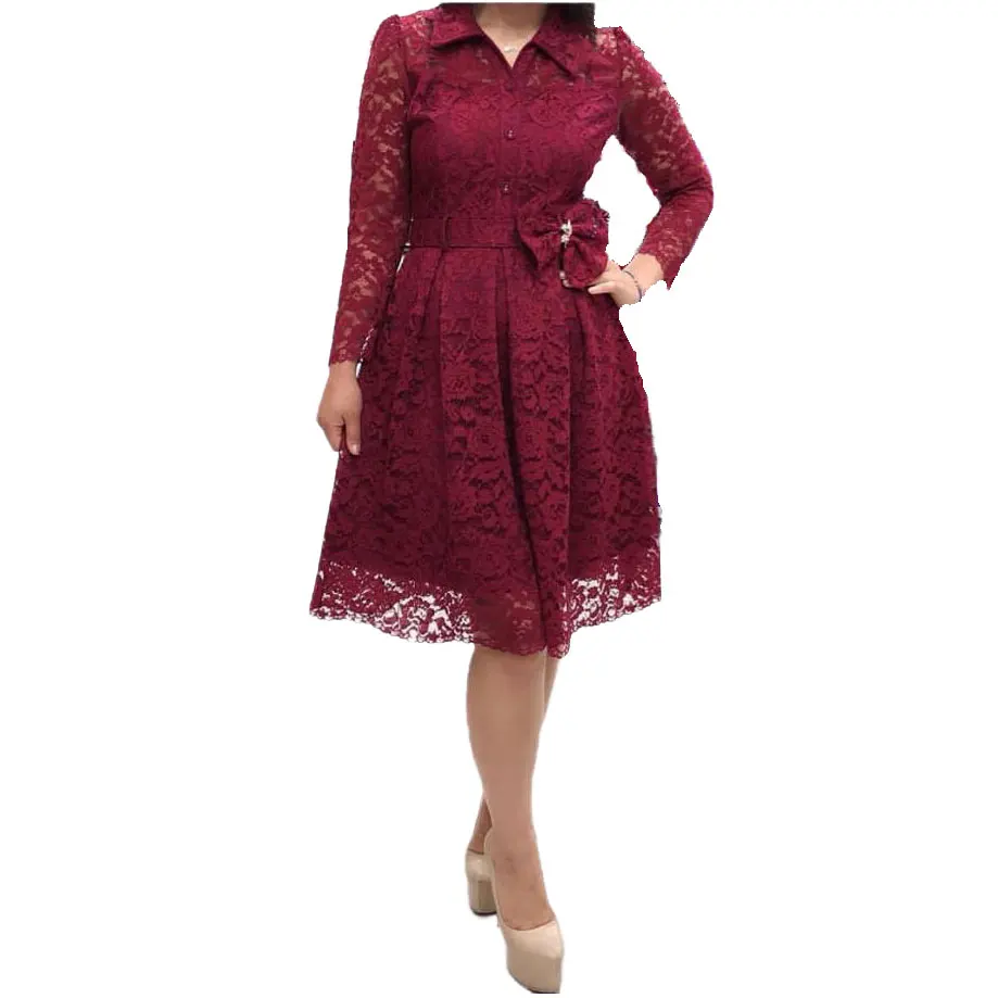 

80823-MX86 lace plus size fabric embroidery bow sashes design women dress