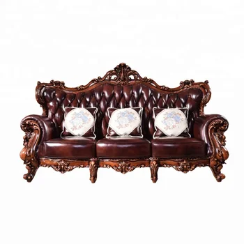 Antique Wooden Sofa Genuine Leather Cover Classic Design Wood Sofa