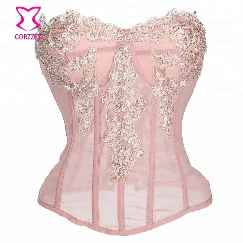 

Pink Floral Appliques & Chiffon Push Up Bustier Corset Top Corselet Overbust Corsets Women Body Shaper Sexy Gothic Lingerie, Pink / black
