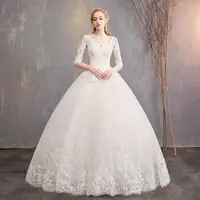 

2019 Spring New Arrival Elegant Plus Size Three Quarter Sleeve Ivory Lace Flower Floor length Ball Gown Wedding Dress
