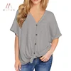 Women Knitted Blouse Short And Long Sleeve V Neck Button Down T Shirts Tie Front Knot Casual Tops