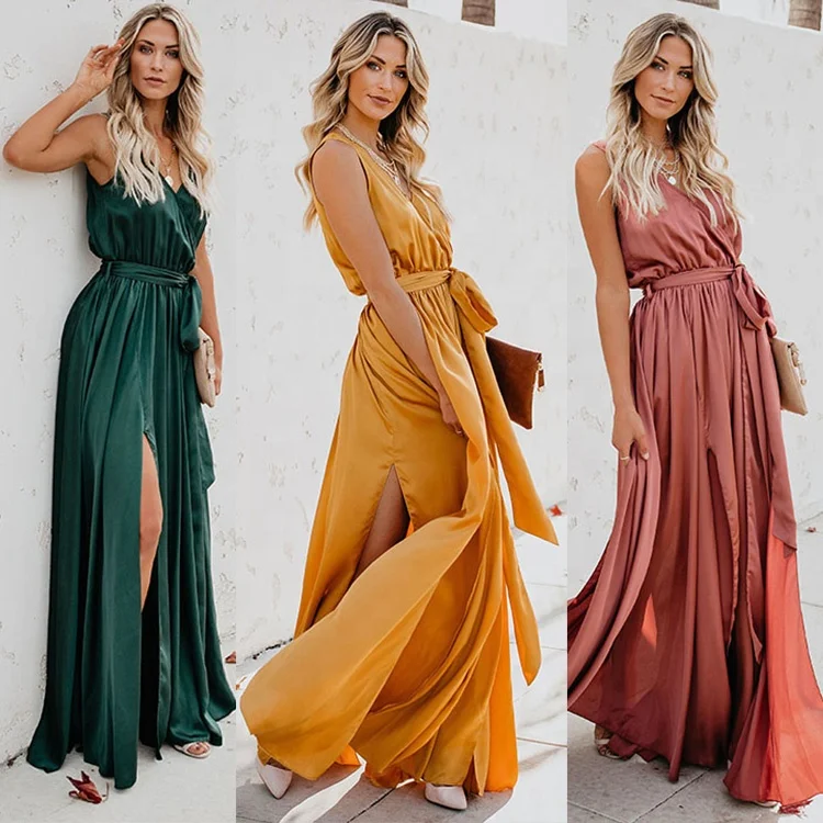 

Wholesale multi solid color simple summer fashion casual sleeveless long maxi lady frock satin boho dress, Pink;yellow;mint and black