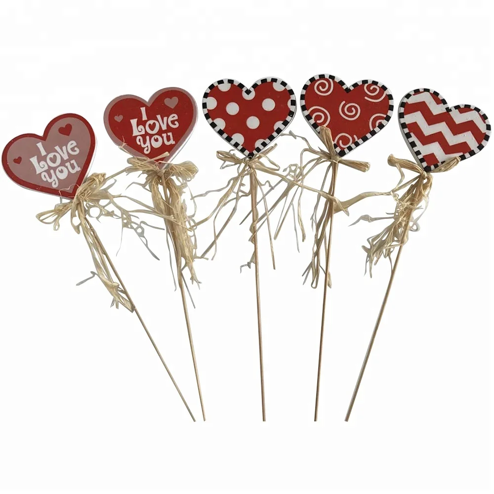 Wooden Lovely Heart Shaped Decoration On Stick Heart Decorative