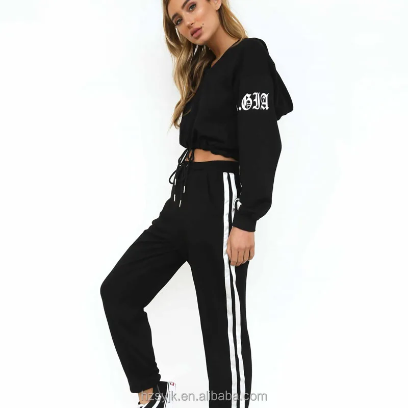 

Women's Two Piece Outfits Sport Crop Top Hoodies and Long Pants Tracksuit Jumpsuit, Black