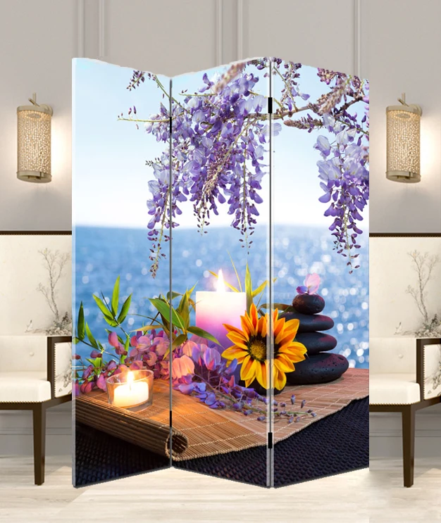 

3 Panel Flower Spa Folding Movable Frameless Room Dividers Partitions Screen, Uv varnish on face of picture, backside covered by non-woven