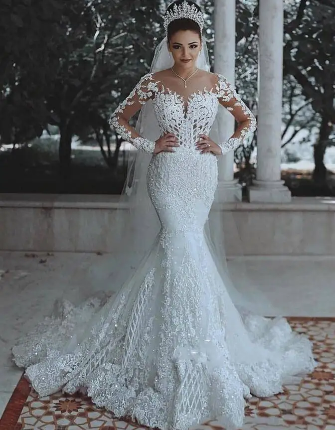 

Sexy Luxury High Quality Ivory Beaded Sequined Wedding Dress Lace Appliques Bridal Gown with Sweep Train 2020 Bridal Gowns