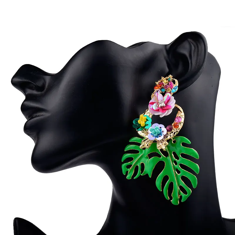 

Wholesale New Design African Statement Crystal Inlay Flower Leaf Pendant Earrings For Women, 5 colors