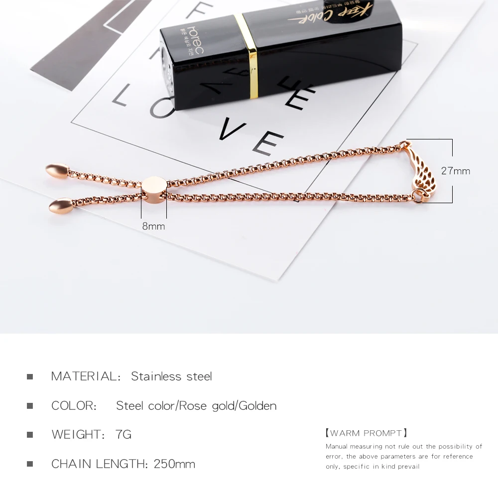 Newest Adjustable Women Stainless Steel Extendable Chain Charm Angel Wings Bracelet