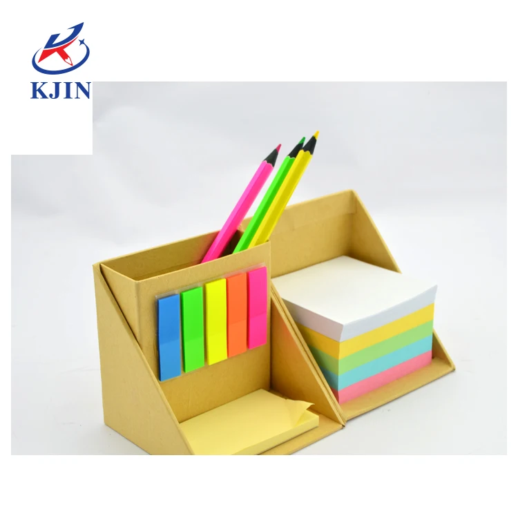 Custom Printed Promotional Foldable Square Cube Kraft Paper Sticky Note Memo Pad Box With Pen