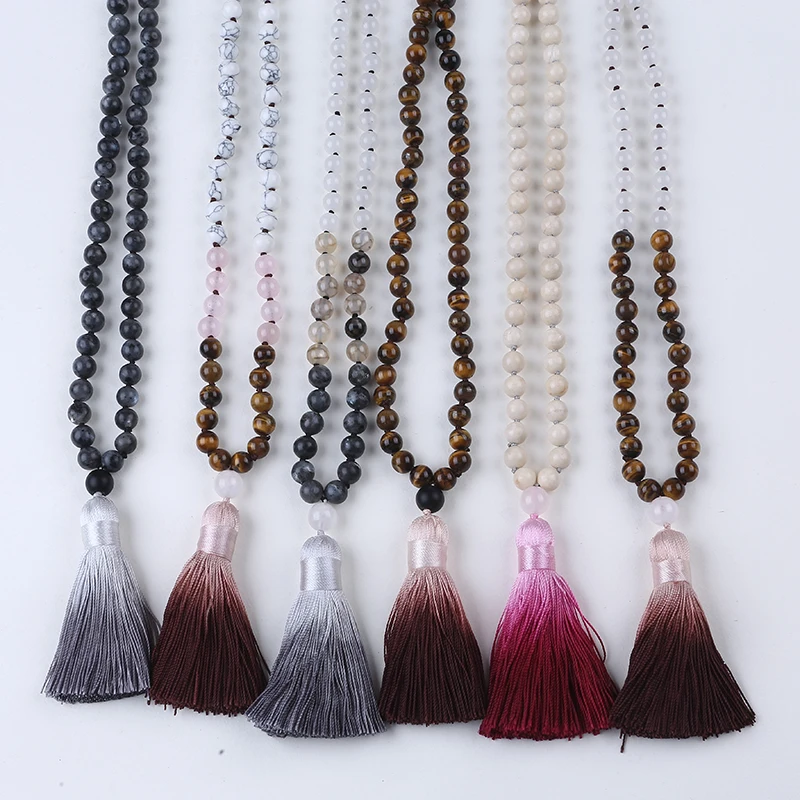 

108 stone mala tassel necklace hand knotted Bead tassel Necklace, Multicolor