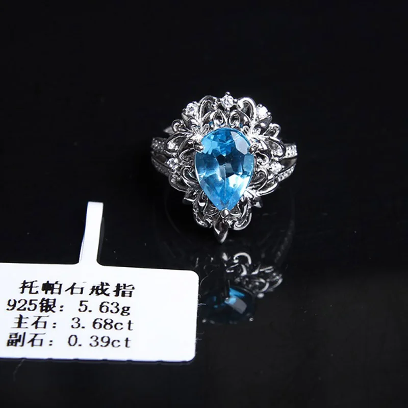 

925 sterling silver natural blue topaz water drop shape adjustable ring for female