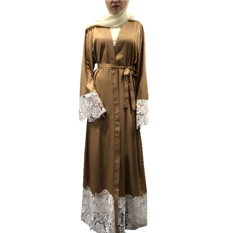 

2018 new stylish lace clothes polyester women open abaya, Brown