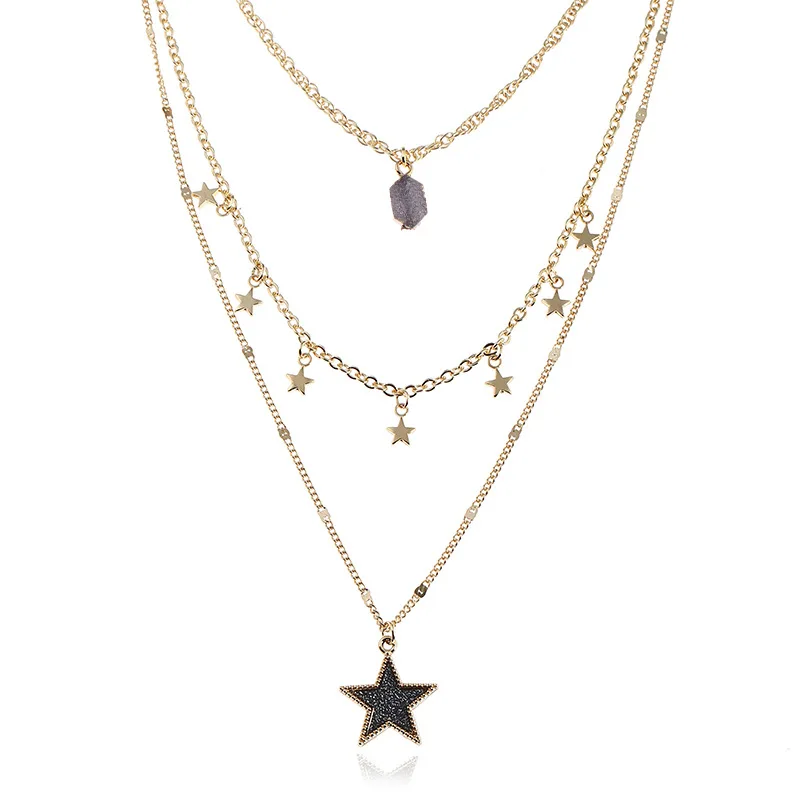 Wholesale Pentagram Sequins Pendant Necklace Women Gold Plated Chain Multilayer Star Women Boho Necklace Jewelry