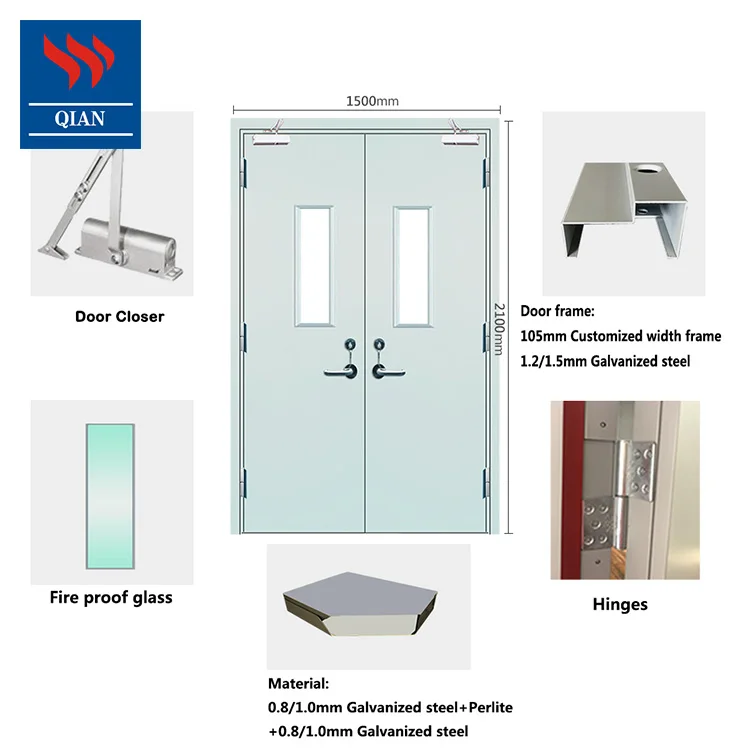 Security Metal Door Fire rated Steel Door with Fireproof Glass Window