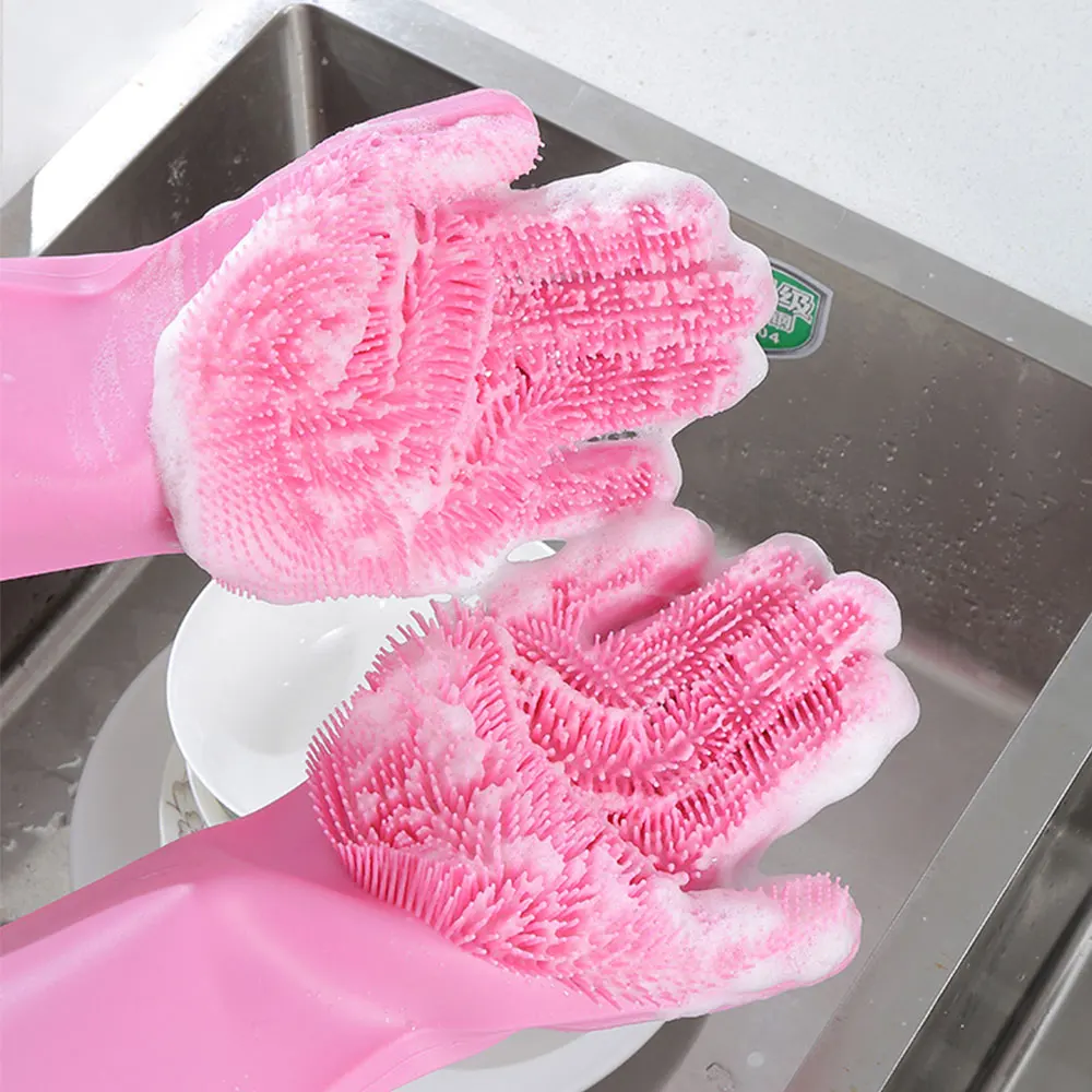 Silicone Reusable Cleaning Brush Heat Resistant Scrubber Gloves for Housework, Dishwashing Gloves