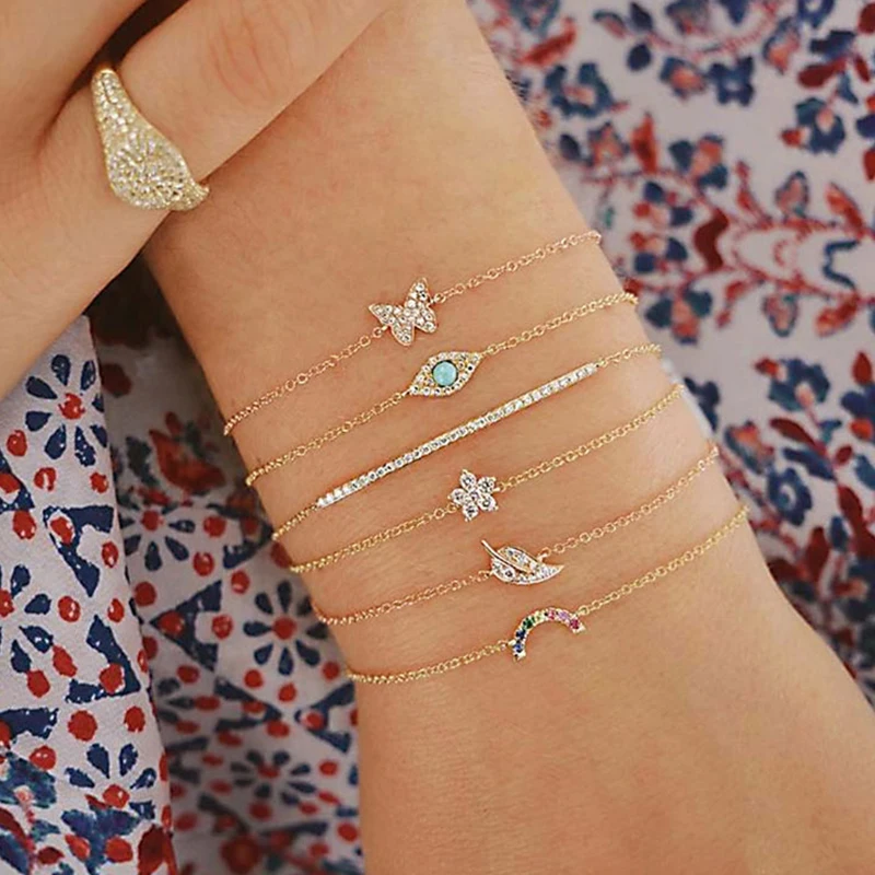 

Jwedy 2019 New Fashion Butterfly Eye Star Moon Leaves Charm Chain Link Bracelet for Women Jewelry Accessories, Glod