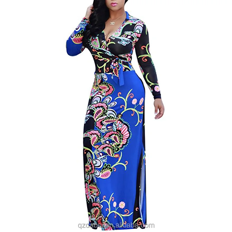 

New design cheap sexy women deep v neck patterns printed long sleeve african kitenge maxi plus size dress