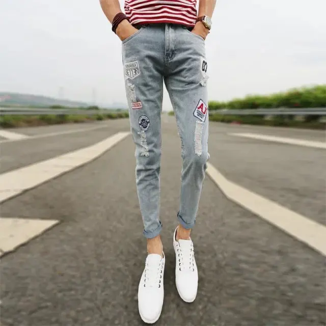 

2016 New Designer Pants Patchwork Men Ripped Jeans With Lot Stock, As picture