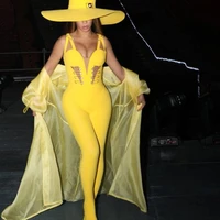 

High Quality Celebrity Yellow Sequined Full Length Evening Party Bodycon Rayon Bandage Jumpsuit