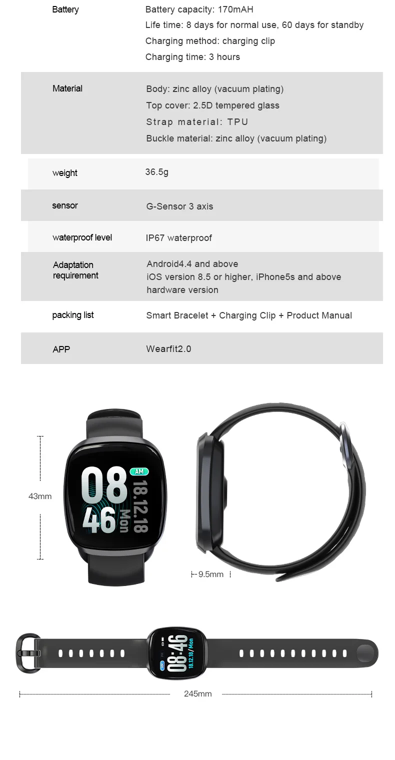 GT103 Waterproof IP67 digital smart watch with 1.3'' touch display