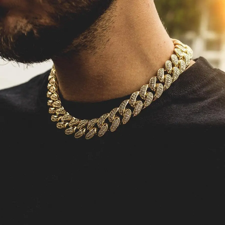 

Missjewelry CZ Micro Paved Iced Out Cuban Link Hip Hop Chain Men Necklace, Yellow gold