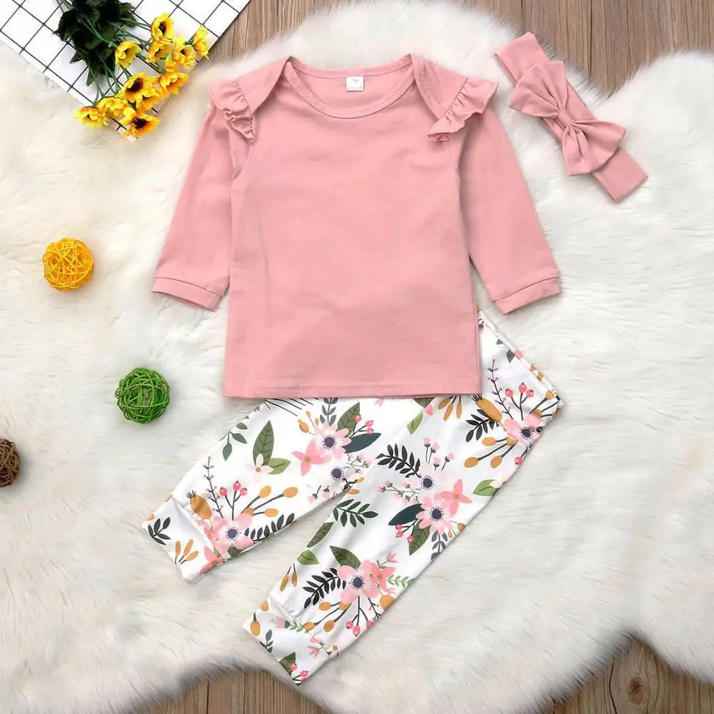 

Autumn Long Sleeve Pink Shirt Tops Floral Pants Headband Girls Clothing Cotton Outfits 3PCS Newborn Baby Kids Girl Clothes Set, As picture