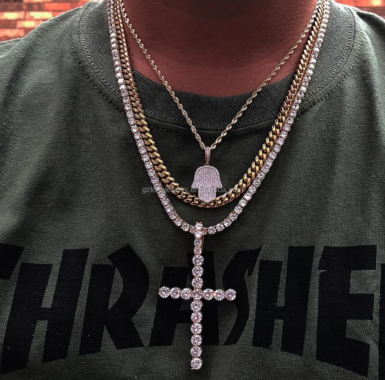 

fashion 18k gold finished iced out pendant cross necklace