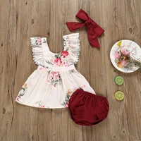 

2019 Vintage Baby Girl Clothing Sets with Sleeveless Dress+Shorts+Hair Bind 3Pieces for Summer