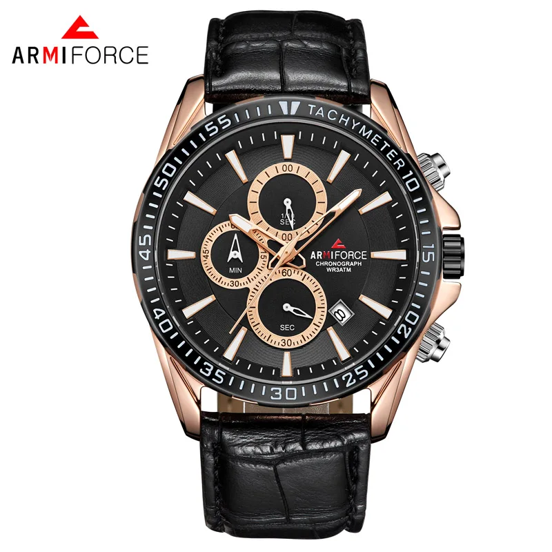 

AF8001 Multifunction Top New ARMIFORCE Brand Leather Band 3ATM Water Resistant Attractive Businessmen Hand Watch, Multicolor