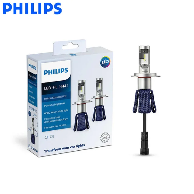 Philips LED H4 9003 Ultinon Essential LED Hi/lo Beam 6000K Bright White Light Car Headlight Innovative Heat 11342UE X2, Pair