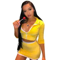 

PY807 2019 New woman fashion solid yellow crop top and mini skirt two piece set