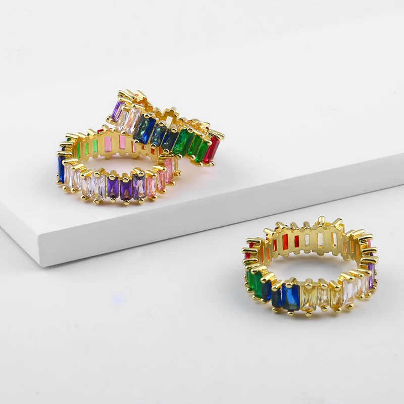 Wholesale 18k gold jewelry rainbow ring mix color stone colorful rainbow cz cubic zirconia diamond ring