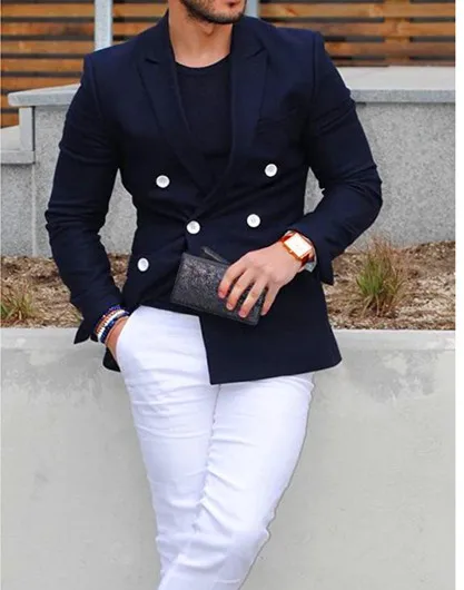 

2019 Navy Blue Men Suit Set Fashion Double-Breasted For 2 Pieces Suits With Pants Coat All years ZYL051