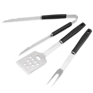 Image of YiJia 3Pcs black babecue fork tongs stainless steel grill bbq tool set