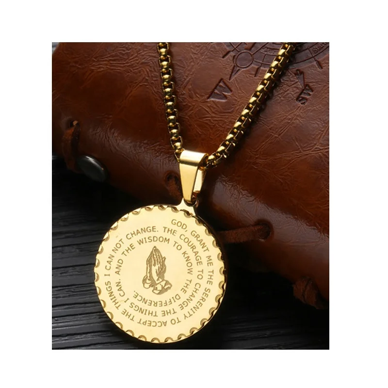 

2020 hot Gold Stainless Steel Bible Verse Prayer Praying Hands Coin Medal Pendant Necklace For Christian Jewelry, As is or customized