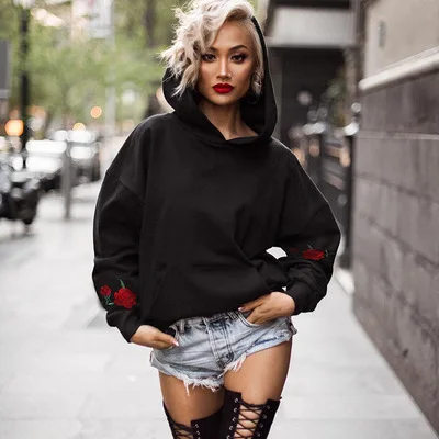 

Custom print logo rose embroidered long sleeve oversized women pullover hoodies