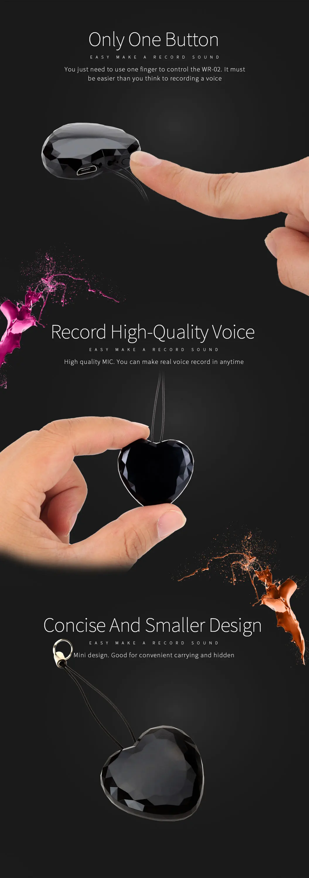 16GB Black heart key ring wearable digital voice recorder compact and portable
