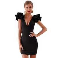 

Adyce New Arrive Women Party Vestido Sexy Black Ruffles Butterfly Sleeve Deep V Bodycon Club Dresses