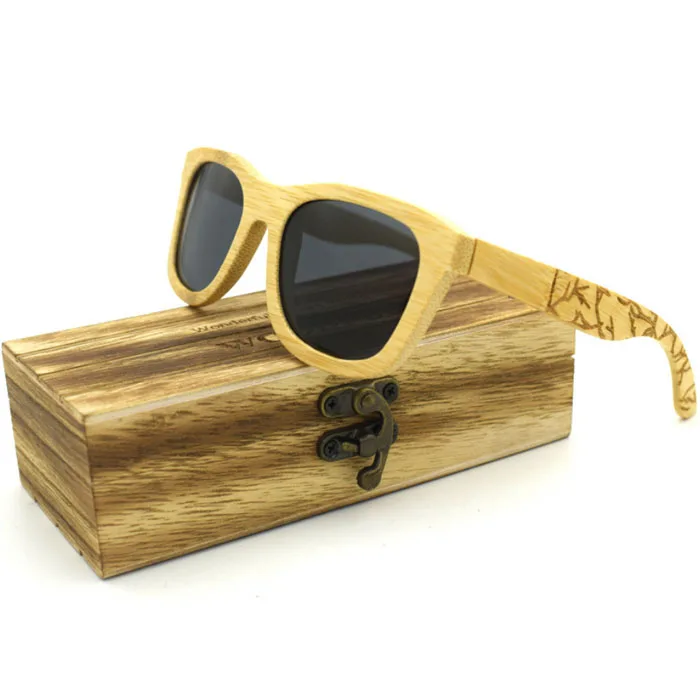 

NEW trendy High quality Engraved Temples wooden polarized bamboo sunglasses italy design with case box custom logo