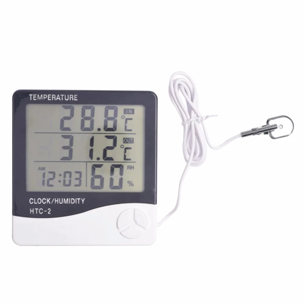 

LCD Digital HTC-2 Thermometer Hygrometer Weather Station Wireless Temperature Humidity Tester Indoor Outdoor Probe Clock Alarm