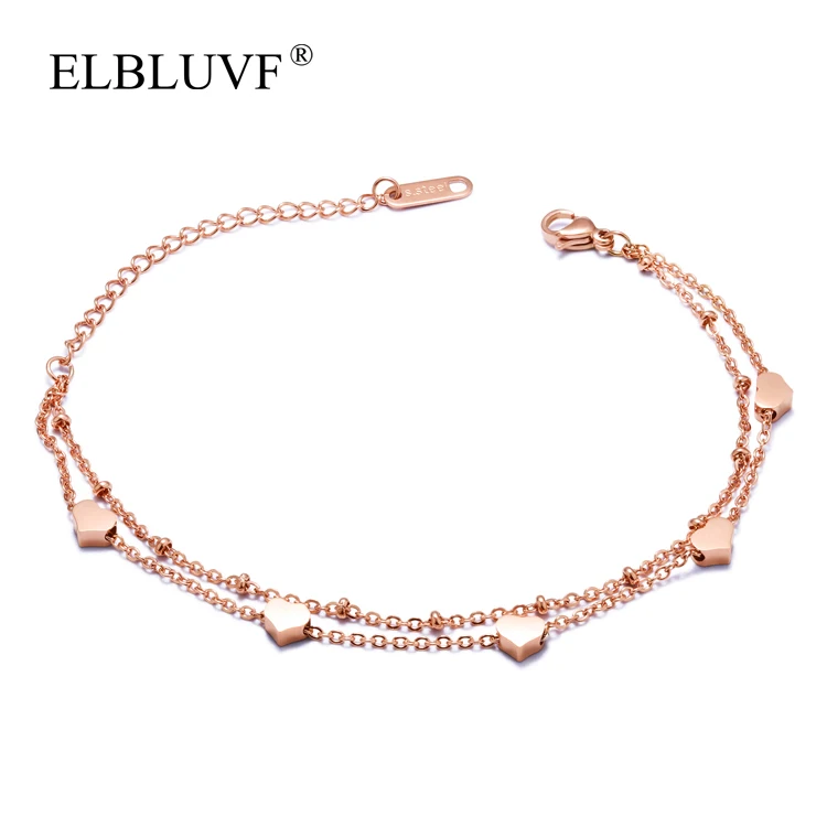 

ELBLUVF Free Shipping Stainless Steel Heart Bracelet Double Chain Jewelry For Girl/Ladies/Women, Rose gold