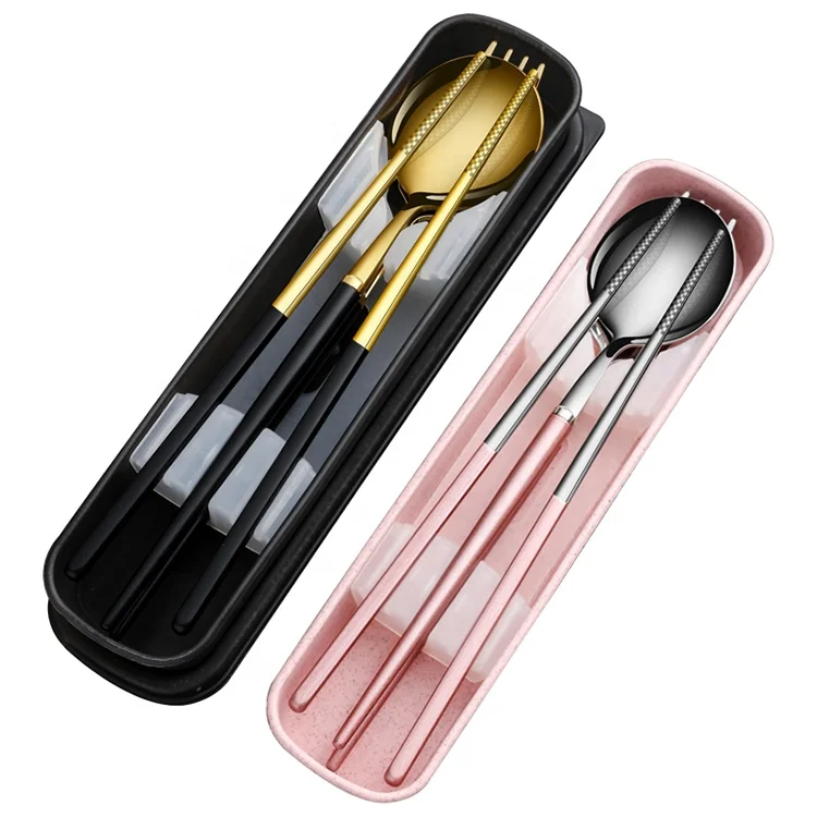 

Travel carry cutlery spoon fork chopsticks 304 stainless steel cutlery set, Pink/blue/green/purple/black