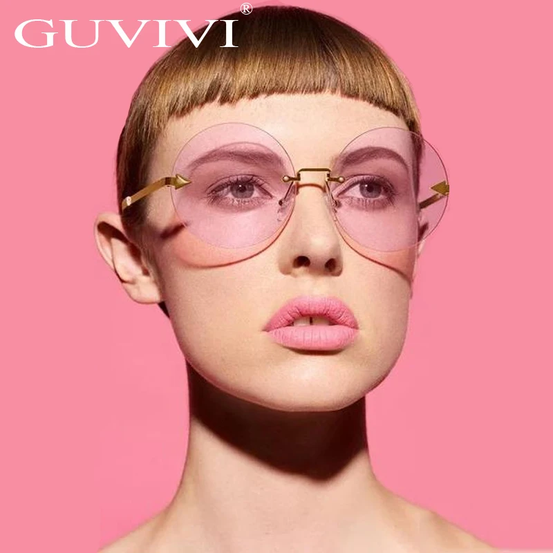 

GUVIVI Custom logo printed lenses Sunglasses pink Rimless Clear High quality Made in china wholesale sunglasses, Pink;rose gold;red;blue;green