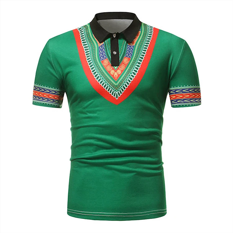 White Short Sleeves Regular Length Polo Neck Men African Print Shirt Clothes