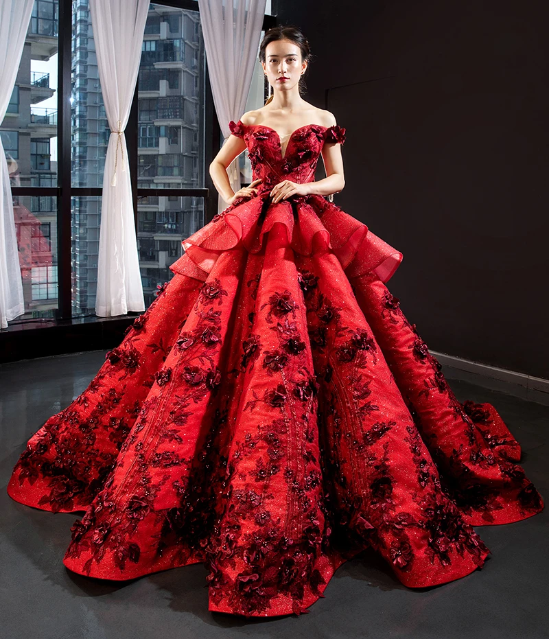 

Jancember RSM66878 red high quality new fashion off shoulder women for party 3d flower prom luxury girls dress